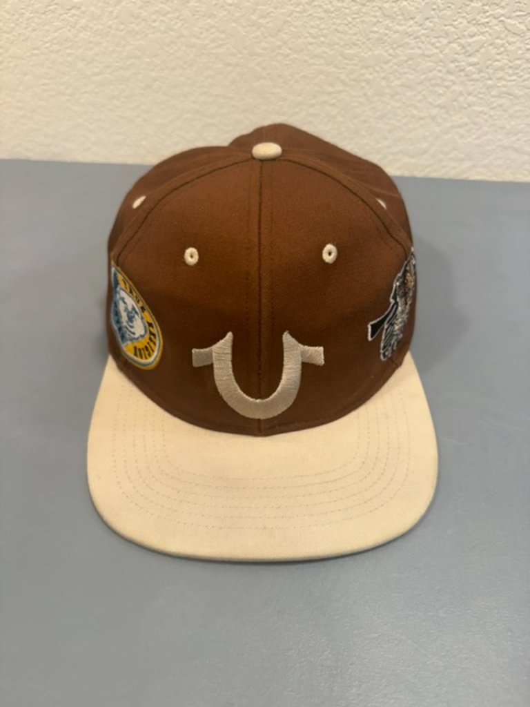 Rare Vintage Y2k True Religion Multi Patch Buddha Horseshoe Hat Brown Cream Lg